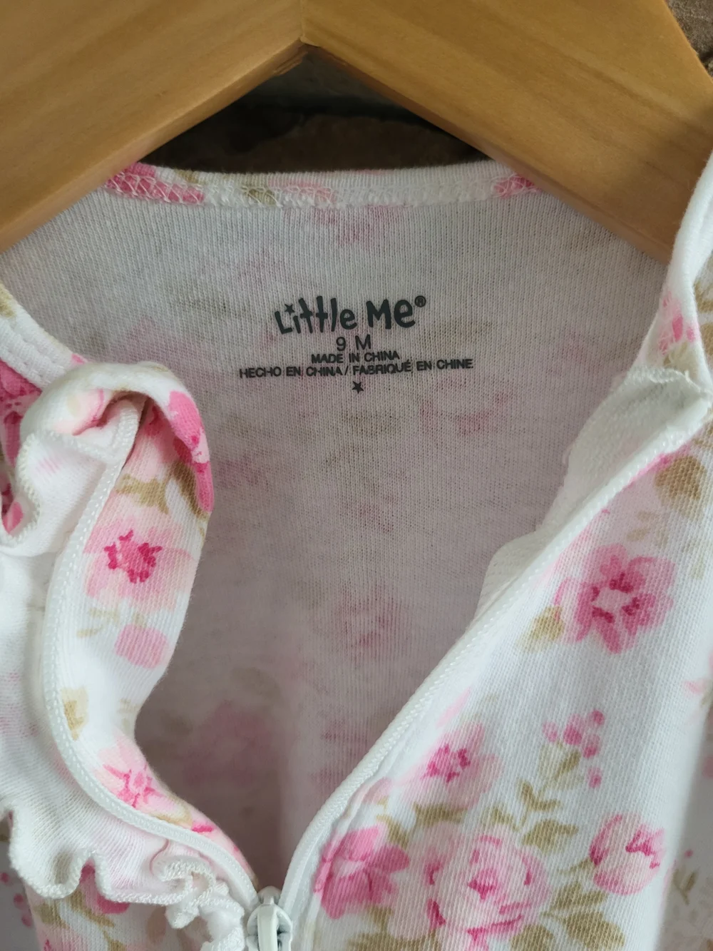 Little Me White Footed One-Piece with Pink Floral Print And Ruffles 9m